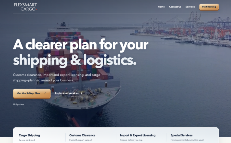 Flexsmart Cargo website designed with a clear shipping and customs service presentation